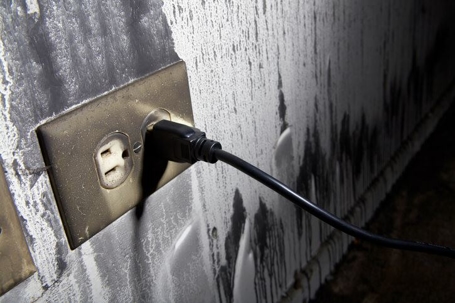 damaged, soot-stained wall plate from an electrical short circuit with a power cord still plugged in.
