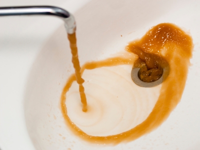 Discolored water flowing from a faucet into a sink, indicating potential sediment buildup in a water heater, related to maintenance and flushing needs.