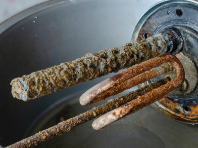 Corroded heating element with limescale buildup inside a water heater, illustrating the importance of annual flushing to prevent sediment accumulation and maintain efficiency.